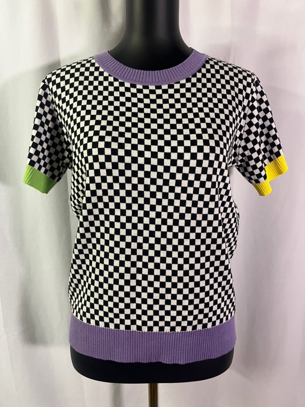 Sparkle City Short Sleeve Mardi Gras Checkered Sweater - Picture 2 of 16
